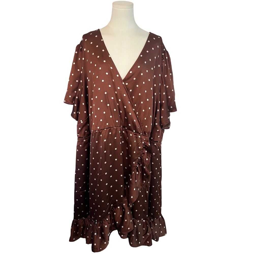 Torrid Brown Satin Polka Dot Faux Wrap Ruffle Midi Dress Plus Retro Size 6X - Picture 2 of 10